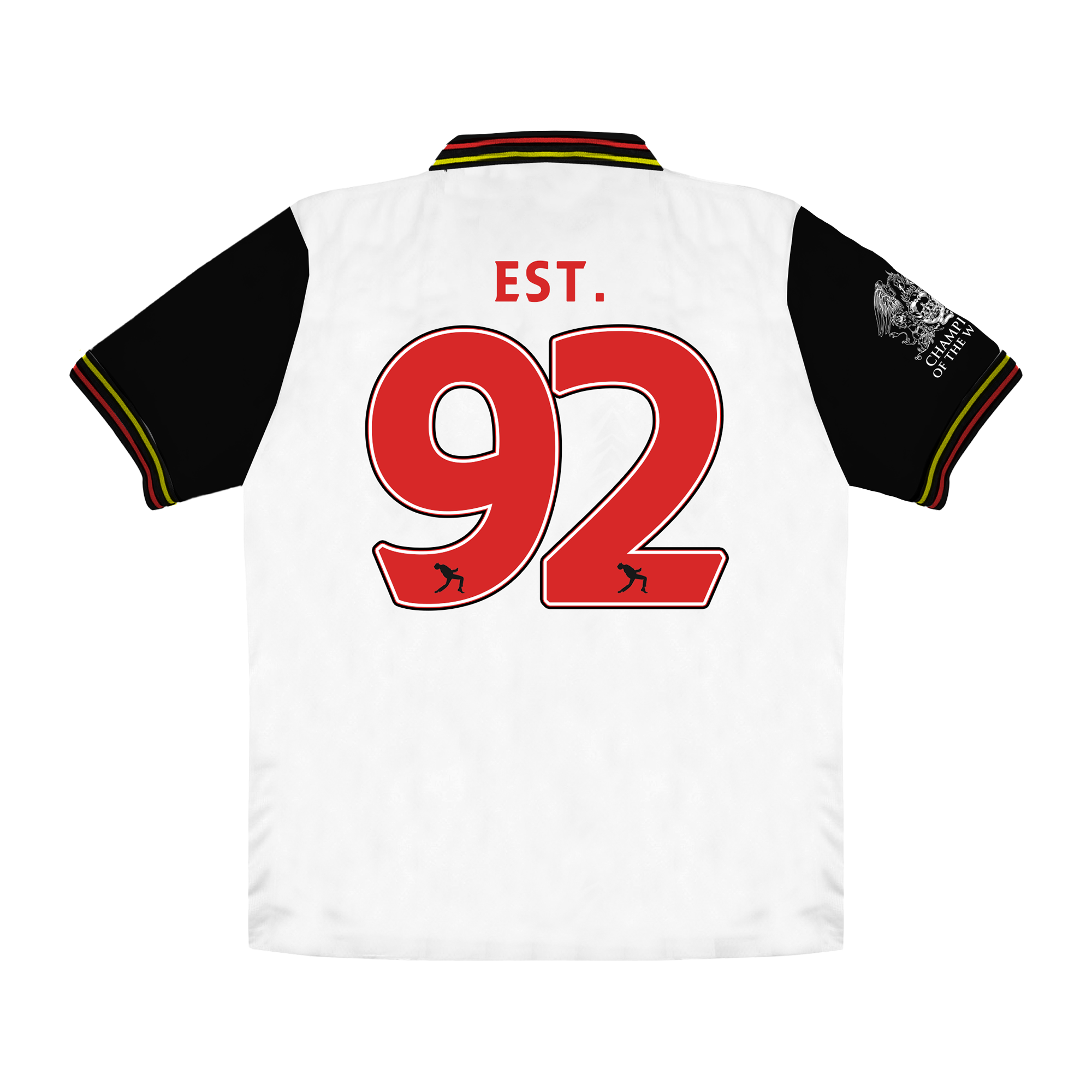 White sports jersey with red '92' and 'EST.' text 