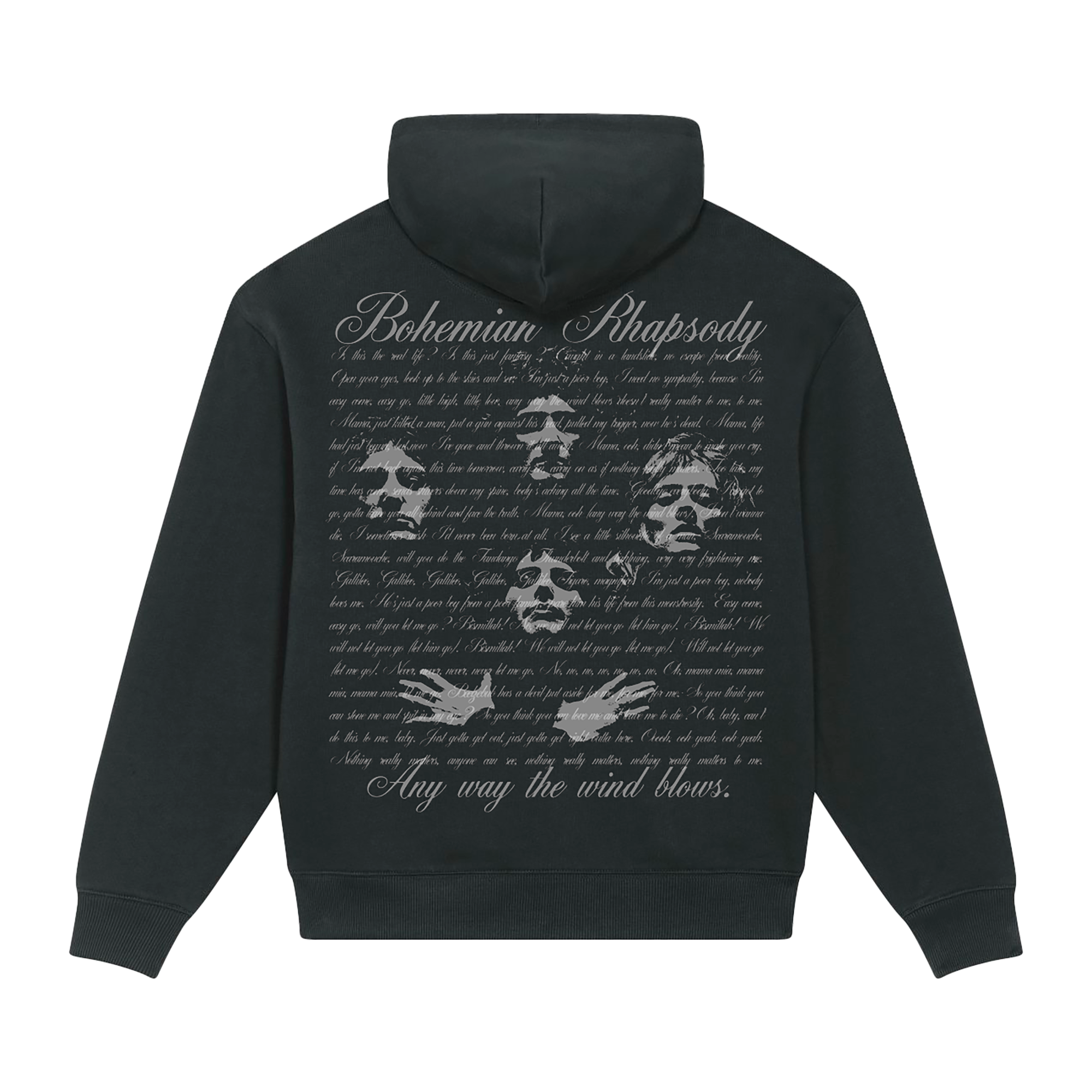 Black hoodie with 'Bohemian Rhapsody' lyrics and Freddie Mercury illustrations on the back.